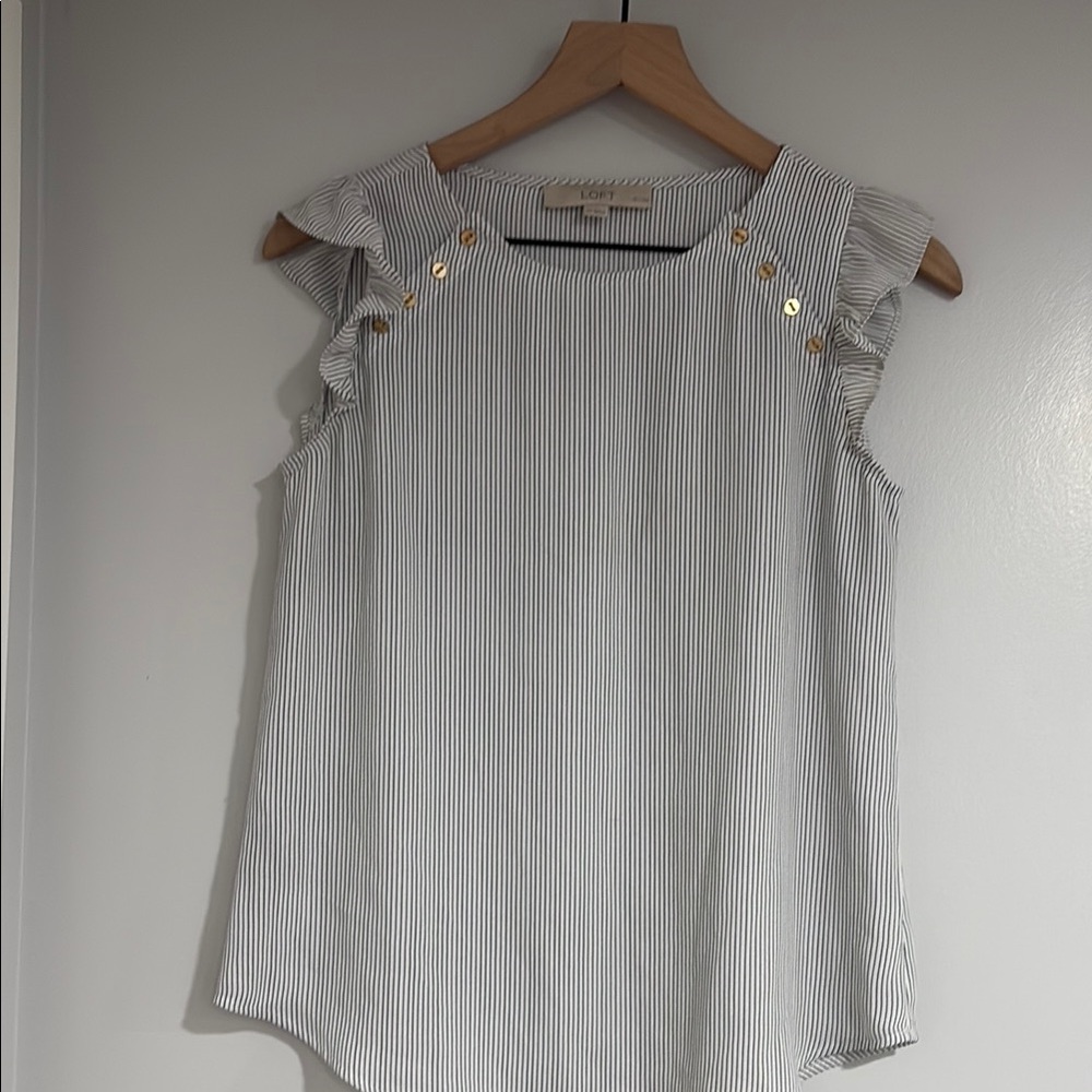 LOFT Pinstripe Ruffle Sleeve Blouse with Gold Buttons